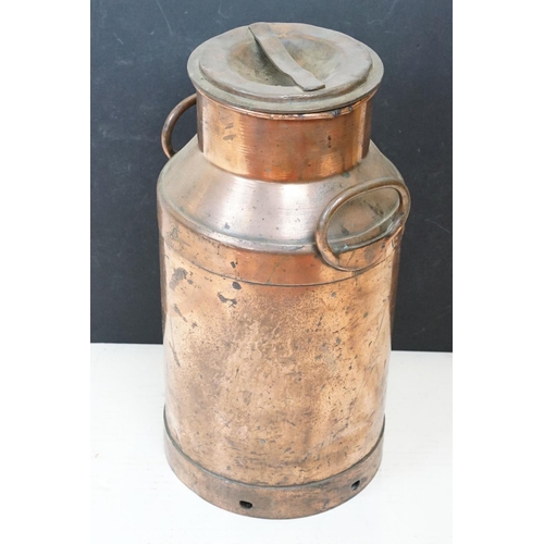 176 - Large twin handled copper milk churn & cover, of typical form, embossed 'CZ Fresia 1971', measures a... 