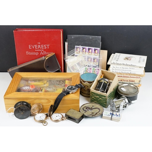 347 - A box of mixed collectables to include pocket watches, wristwatch, Smiths car clock, fishing tackle,... 