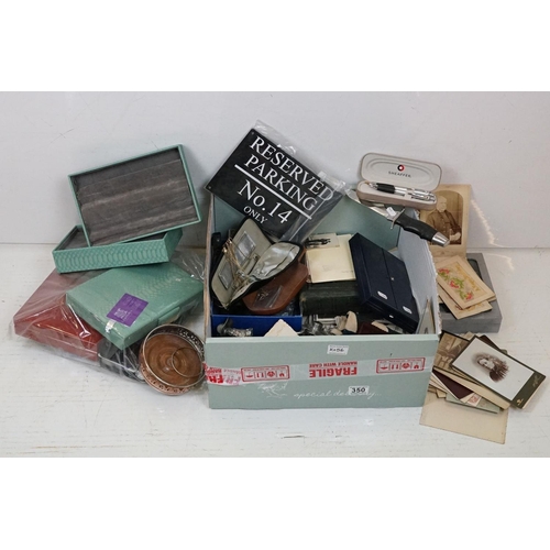 350 - A box of mixed collectables to include jewellery boxes, silk postcards, CDV photos, mobile phone...e... 