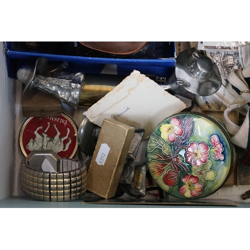 350 - A box of mixed collectables to include jewellery boxes, silk postcards, CDV photos, mobile phone...e... 