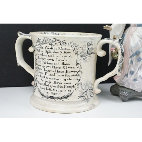 38 - Mixed ceramics to include a large 19th century transfer printed loving cup (15.5cm high), five furth... 