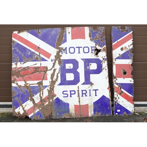 454 - Vintage BP Motor Spirit enamelled advertising sign with logo to centre on a union jack background. A... 