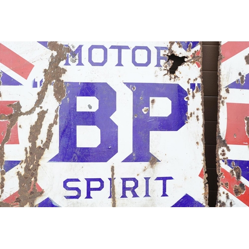 454 - Vintage BP Motor Spirit enamelled advertising sign with logo to centre on a union jack background. A... 