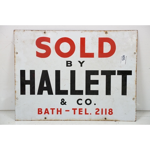 455 - Vintage enamelled 'Sold by Hallett & Co' local interest advertising sign. The sign having a white ba... 