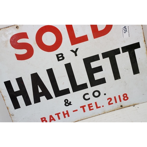 455 - Vintage enamelled 'Sold by Hallett & Co' local interest advertising sign. The sign having a white ba... 