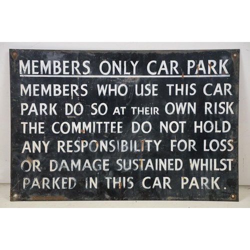 456 - Vintage enamelled 'members only car park' sign having a black background with white lettering. Measu... 