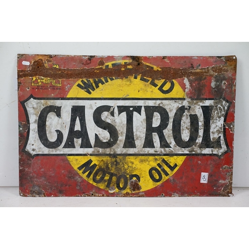 457 - Vintage Wakefield Castrol Motor oil advertising sign having a red back ground with yellow, black and... 