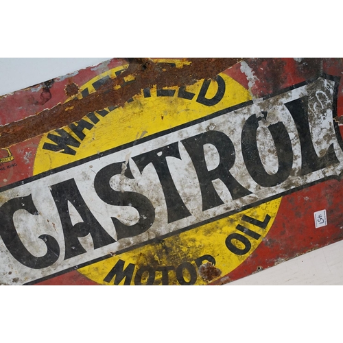 457 - Vintage Wakefield Castrol Motor oil advertising sign having a red back ground with yellow, black and... 