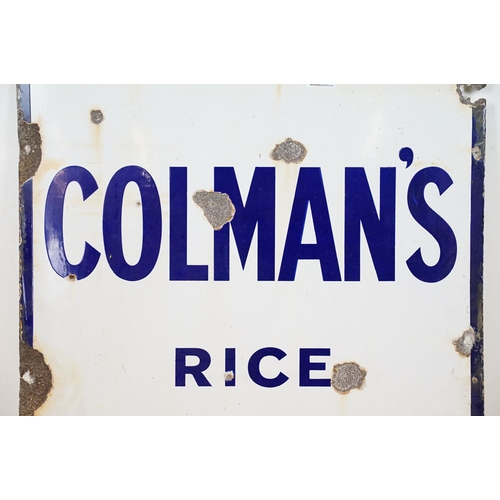 458 - Vintage Colman's Rice Starch blue and white enamelled advertising sign. Measures 92 x 61cm.