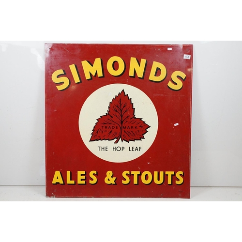 460 - Vintage Simonds Ales and Stouts breweriana enamelled advertising sign having a red background with y... 