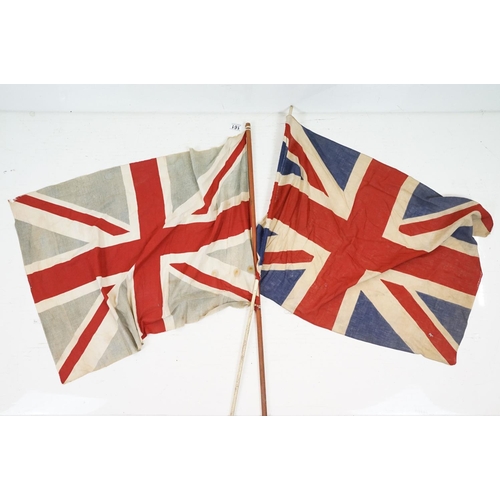 161 - Two vintage cloth Union flags, with poles (measure approx 78cm x 55cm and 78cm x 59cm - excluding po... 