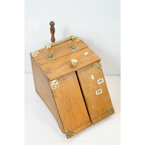 405 - Early 20th century oak coal scuttle with brass mounts (approx 48cm high - including scoop); together... 