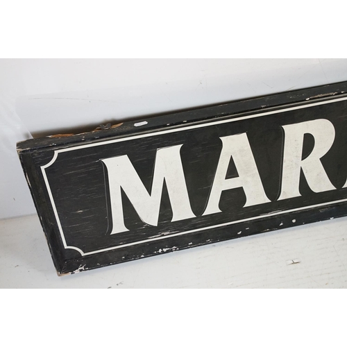 436 - ' Market Hall ' large painted wooden rectangular wall sign, with white lettering on black ground. Me... 