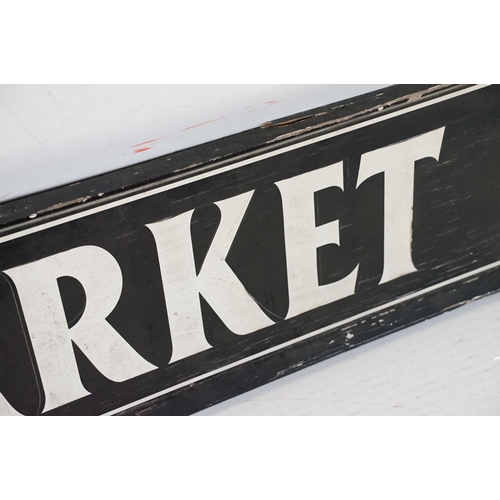 436 - ' Market Hall ' large painted wooden rectangular wall sign, with white lettering on black ground. Me... 