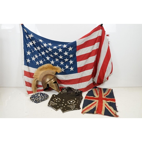 441 - Group of mixed collectables to include a Spartan style helmet (approx 47cm tall), large USA flag, Un... 