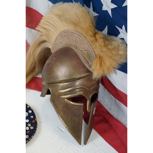 441 - Group of mixed collectables to include a Spartan style helmet (approx 47cm tall), large USA flag, Un... 