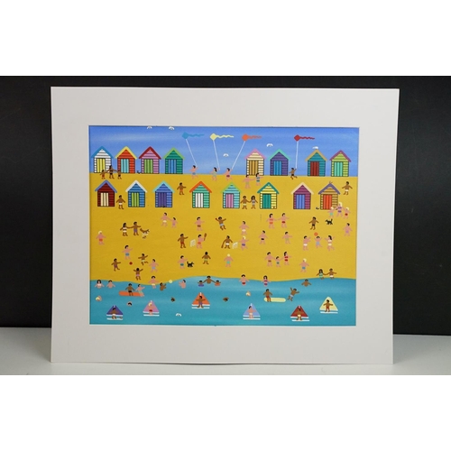 522 - Contemporary gouache on paper painting depicting a beach scene with beach huts. Painting approx a5 s... 