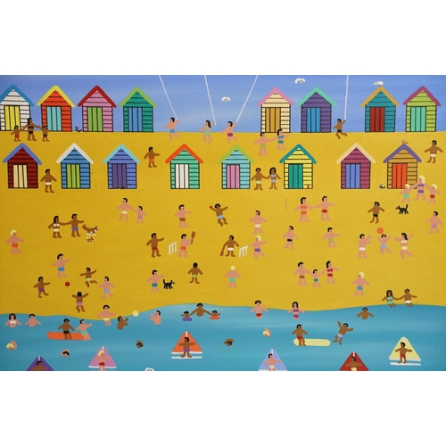 522 - Contemporary gouache on paper painting depicting a beach scene with beach huts. Painting approx a5 s... 