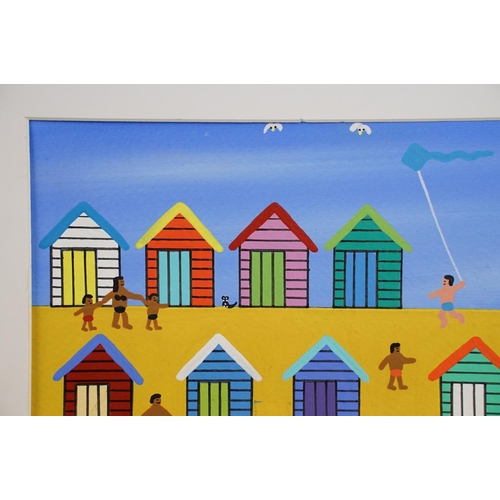 522 - Contemporary gouache on paper painting depicting a beach scene with beach huts. Painting approx a5 s... 