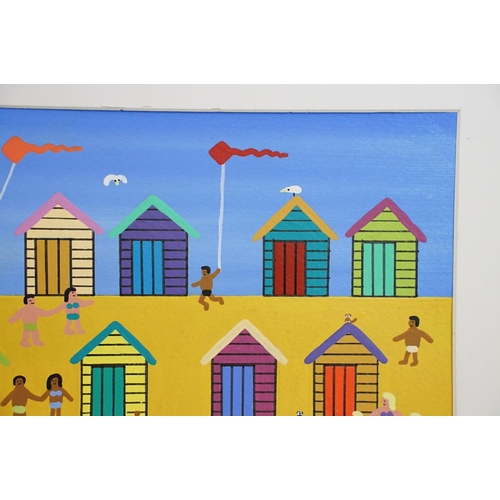 522 - Contemporary gouache on paper painting depicting a beach scene with beach huts. Painting approx a5 s... 