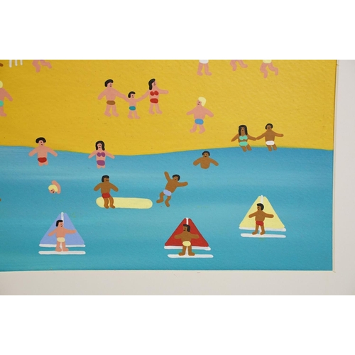 522 - Contemporary gouache on paper painting depicting a beach scene with beach huts. Painting approx a5 s... 