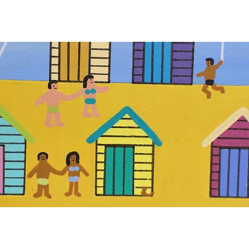 522 - Contemporary gouache on paper painting depicting a beach scene with beach huts. Painting approx a5 s... 