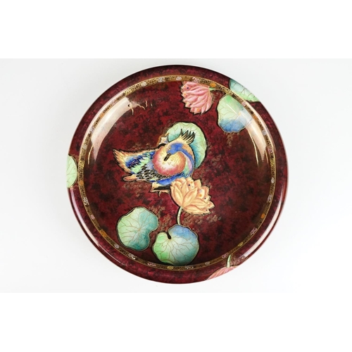 117 - Carlton Ware 1920s lustre glaze centre piece bowl decorated with a mandarin duck and water lilies wi... 