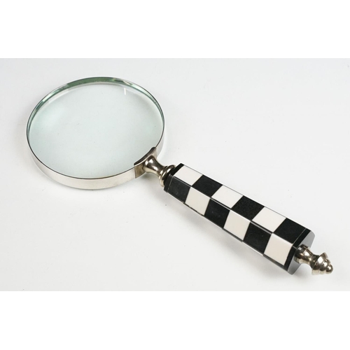 425 - Hand Held Magnifying Glass with checkboard handle, approx 25cm long