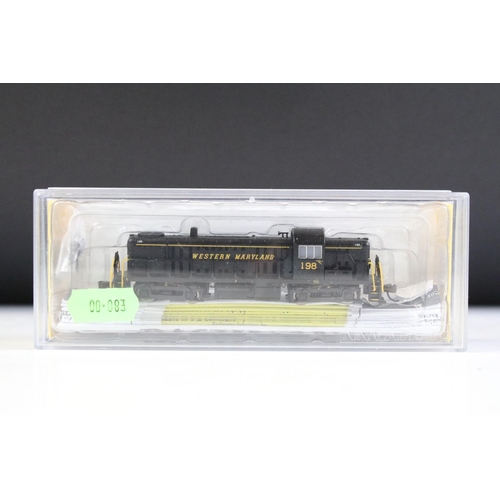 78 - Three cased N gauge locomotives to include 2 x Bachmann (64253 Alco RS3 Diesel Loco Western Maryland... 