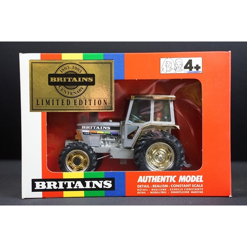 101 - Five boxed Britains farming tractor diecast models featuring 2 x ltd edn 5892 1893-1993 Britains Cen... 