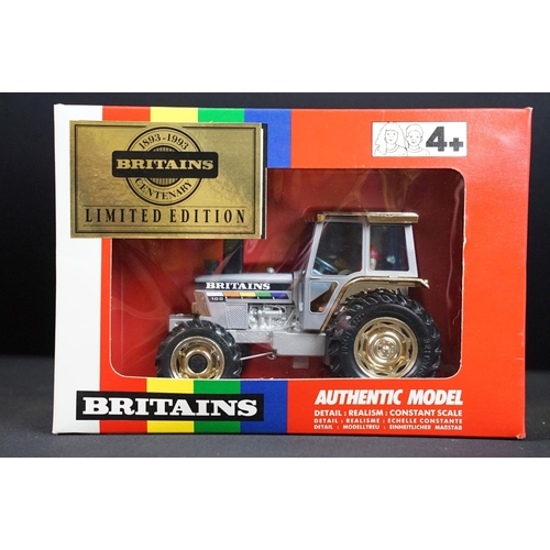 101 - Five boxed Britains farming tractor diecast models featuring 2 x ltd edn 5892 1893-1993 Britains Cen... 