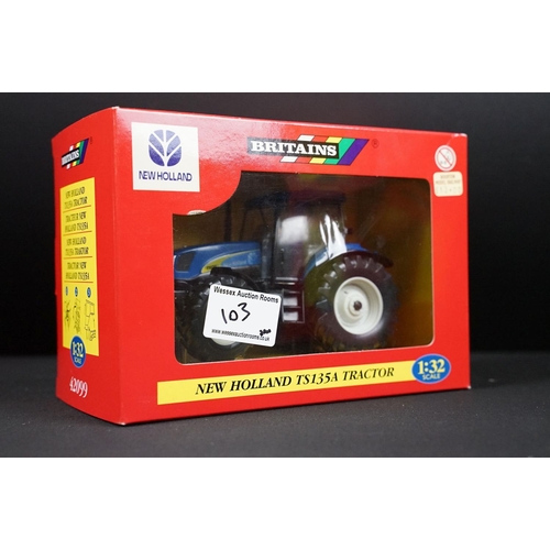 103 - Collection of seven boxed Britains farming tractors diecast models to include New Holland T6070 Trac... 