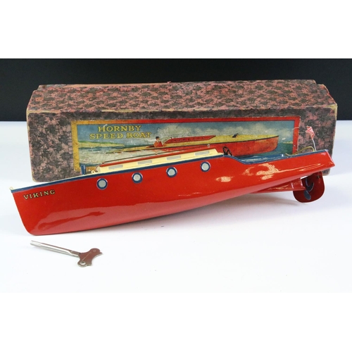 258 - Two boxed Hornby Speed Boat clockwork models to include Venture and Viking, both with keys, showing ... 