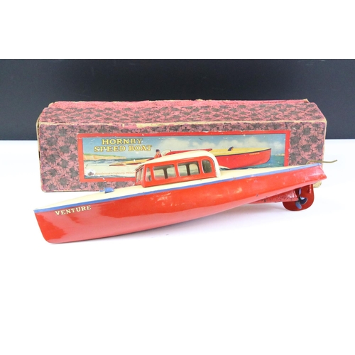 258 - Two boxed Hornby Speed Boat clockwork models to include Venture and Viking, both with keys, showing ... 