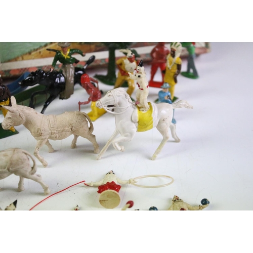 263 - Group of vintage toys to include Timpo metal Wild West figures and accessories, a plastic Circus fig... 