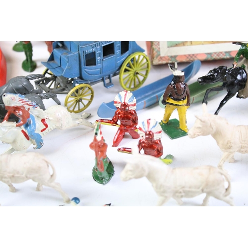 263 - Group of vintage toys to include Timpo metal Wild West figures and accessories, a plastic Circus fig... 