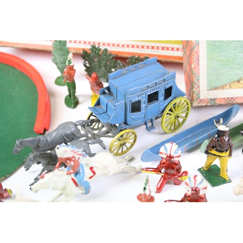 263 - Group of vintage toys to include Timpo metal Wild West figures and accessories, a plastic Circus fig... 