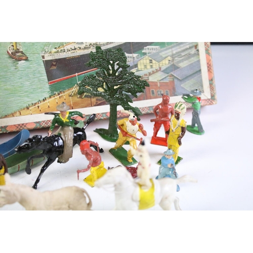 263 - Group of vintage toys to include Timpo metal Wild West figures and accessories, a plastic Circus fig... 