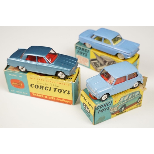 180 - Three boxed Corgi diecast models to include 226 Morris Mini Minor in pale blue with red interior (bo... 