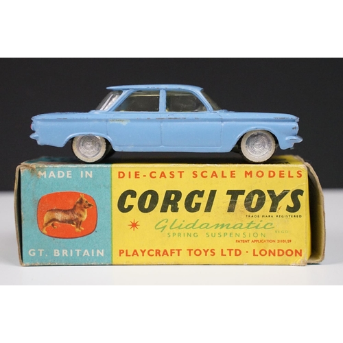 180 - Three boxed Corgi diecast models to include 226 Morris Mini Minor in pale blue with red interior (bo... 