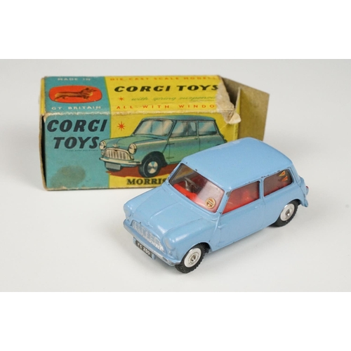 180 - Three boxed Corgi diecast models to include 226 Morris Mini Minor in pale blue with red interior (bo... 