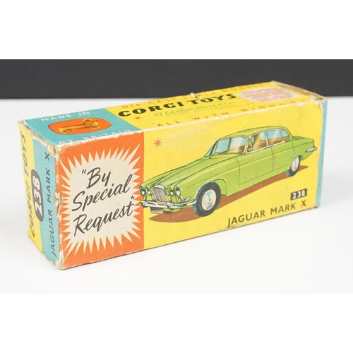 182 - Four boxed Corgi diecast models to include 238 Jaguar Mark X in metallic cerise with lemon interior,... 