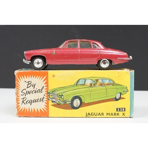 182 - Four boxed Corgi diecast models to include 238 Jaguar Mark X in metallic cerise with lemon interior,... 