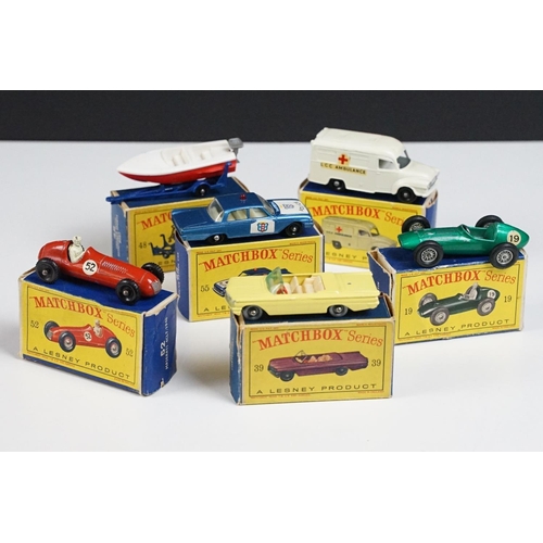 189 - Six boxed Matchbox Series diecast models to include 55 Police Patrol Car, 52 Maserati 4CLT 1948 (pai... 