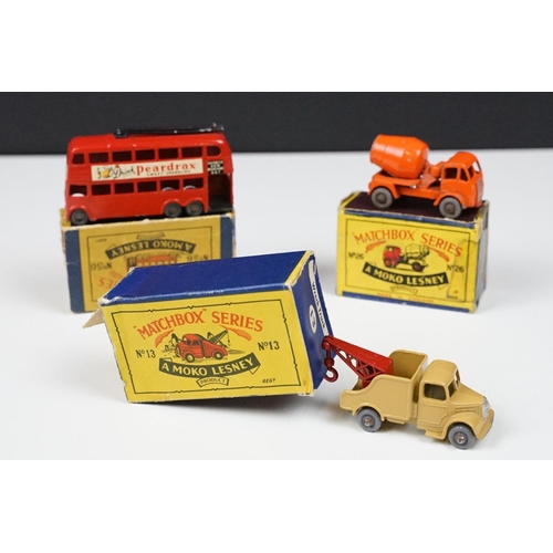 190 - Three boxed Matchbox Series MOKO Lesney diecast models to include 13 Wreck Truck in tan with red jib... 