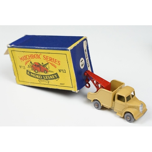 190 - Three boxed Matchbox Series MOKO Lesney diecast models to include 13 Wreck Truck in tan with red jib... 