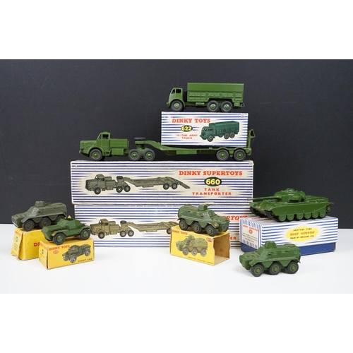 191 - Seven boxed Dinky military diecast models to include 2 x 660 Tank Transporter, 622 10 Ton Army Truck... 