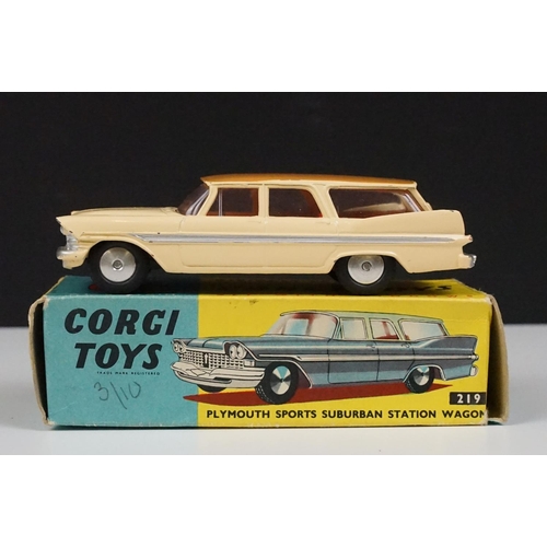 201 - Two boxed Corgi diecast models to include 219 Plymouth Sports Suburban Station Wagon in cream with f... 