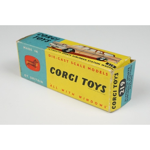 201 - Two boxed Corgi diecast models to include 219 Plymouth Sports Suburban Station Wagon in cream with f... 