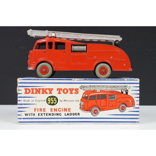 201A - Two boxed Dinky 955 Fire Engine diecast models in box variants, yellow box example shows play wear a... 